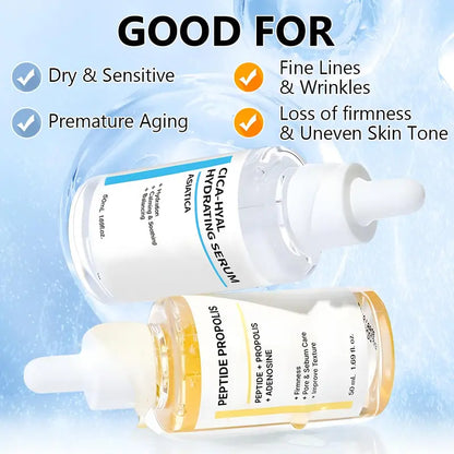 2-teiliges Feuchtigkeits- und Faltenerneuerungsserum, Peptid-Propolis-Komplex, Anti-Aging-Gesichtsserum, spendet tiefe Feuchtigkeit und steigert die Hautelastizität, geeignet für alle Hauttypen